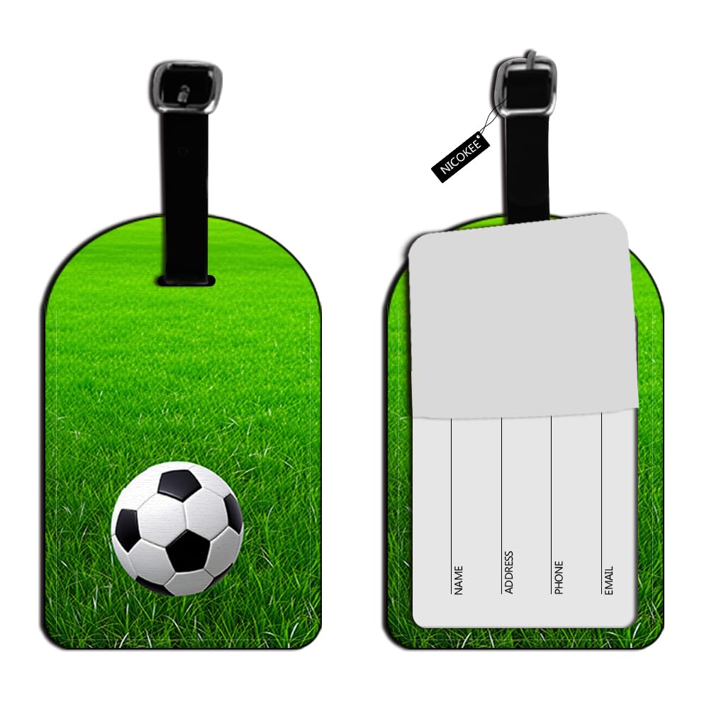 Nicokee Soccer Ball On Grassy Field Luggage Tag Leather ID Tag Travel Accessories Baggage Name Tag for Luggage Baggage Travel Identifier - 1 pack