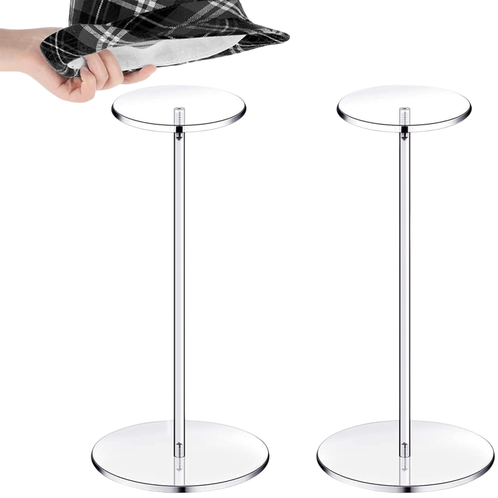 DXPETA 2-Piece Acrylic Hat Stand Wig Display Rack, Clear Pedestal Stand and Baseball Cap Holder for Closet, Sturdy 30cm High Round Base Hat Organizer for Retail Display Fixtures