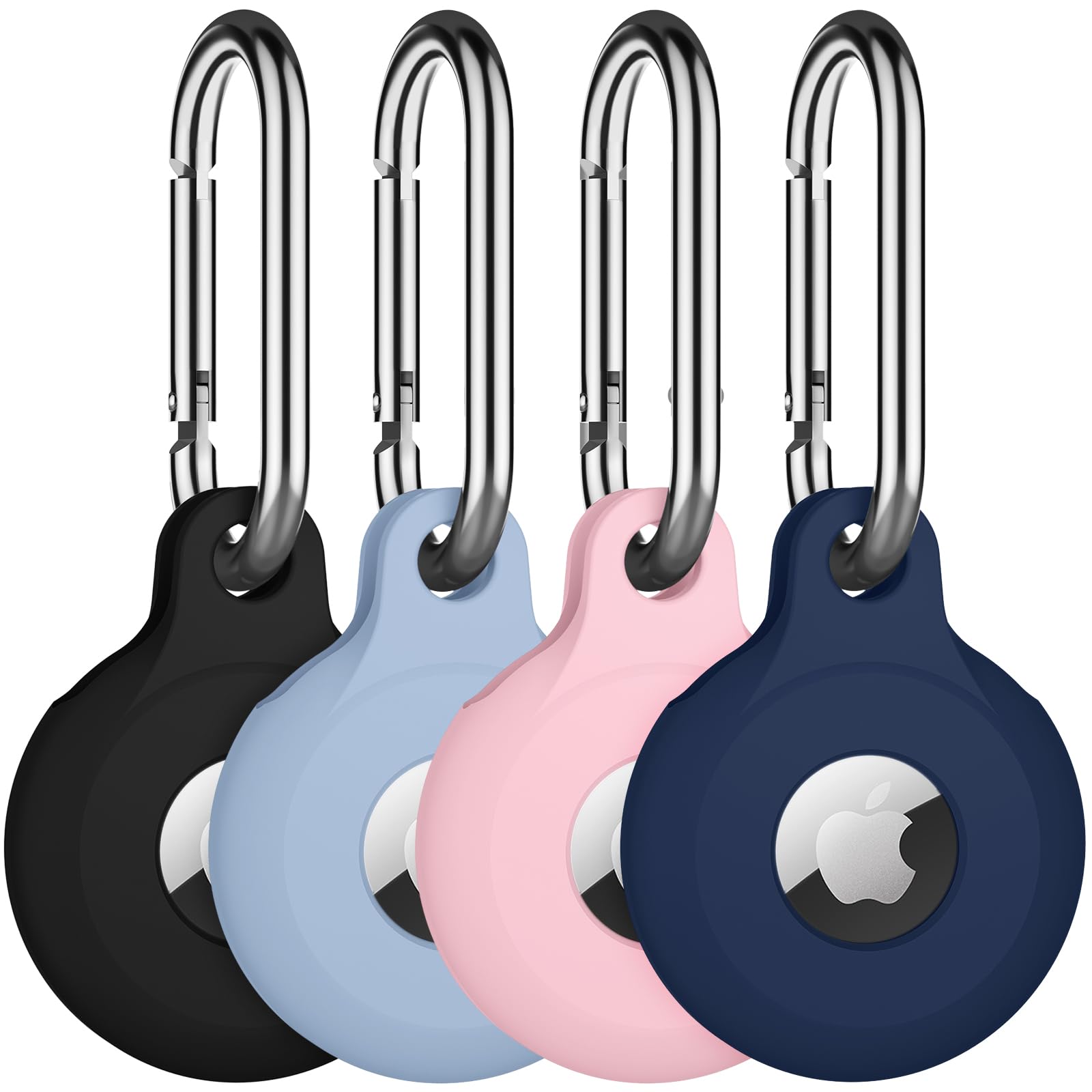 ATUAT for Airtag Case Holder 4 Pack, Silicone Protective Air tag Case with Keychain for Apple Airtag Item Finders Accessories for Kids, Dog Collar, Wallet - Black/Light Blue/Pink/Midnight Blue