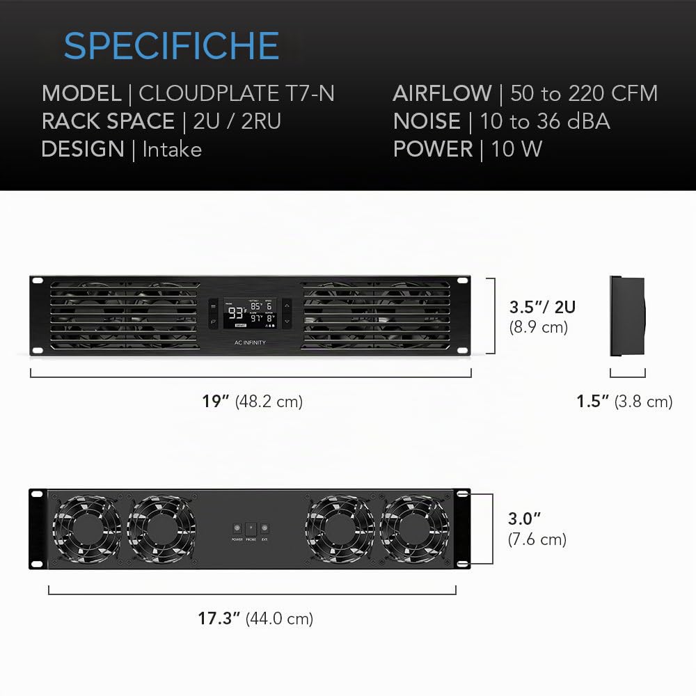 AC Infinity CLOUDPLATE T7-N, Pannello ventola per montaggio su rack 2U, flusso d'aria di aspirazione, per raffreddamento AV, Home Theater, rete rack da 19"