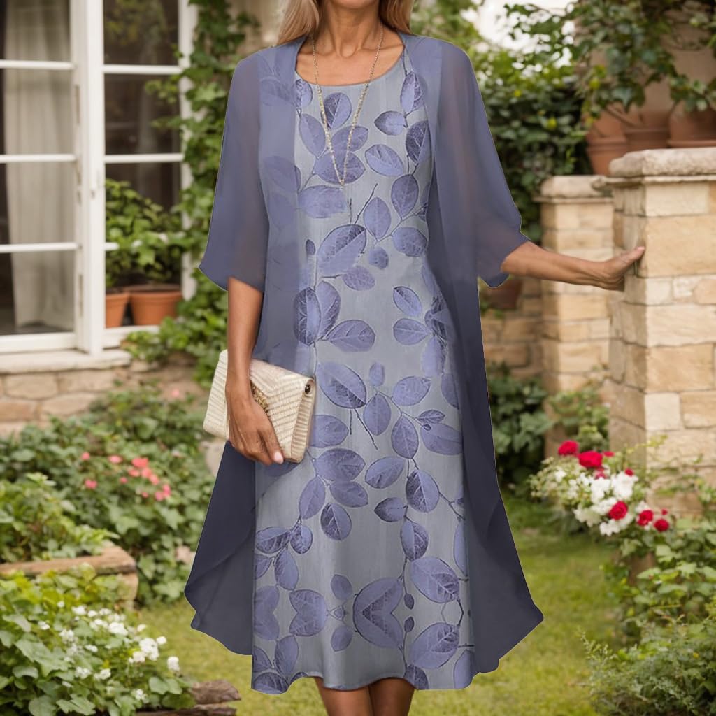 Women's Elegant Two-Piece Set Wedding Guest Formal Cocktail Dress with Jacket Flowy Casual Boho Floral Midi Dress - Image 2