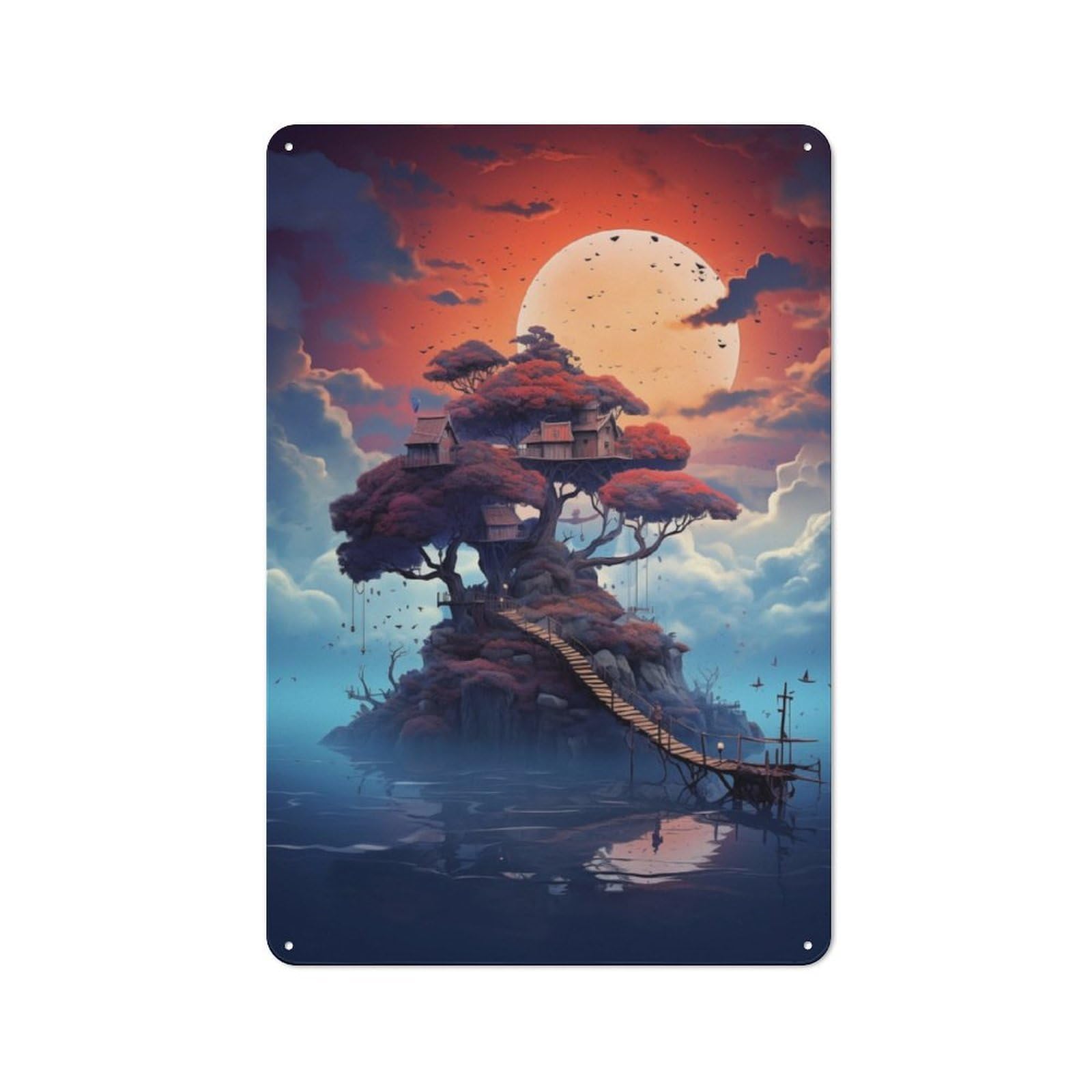 Junmoney A Tree House On Lake For Lounge Or Reading Corner, Retro Metal Plaque 30X20cm, For Vintage Wall Decor Fans, For Metal Sign Collectors