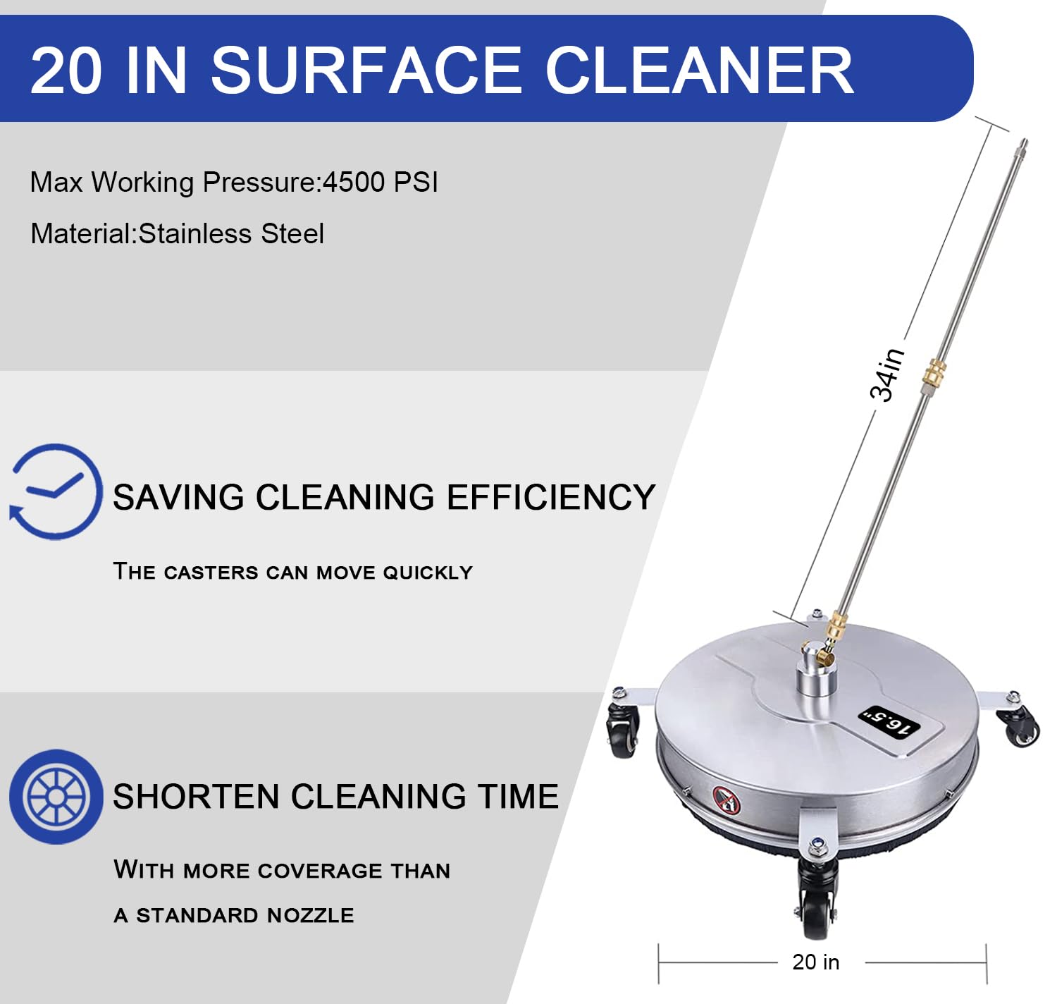 Linego 20" Pressure Washer Attachments Stainless Steel Surface Cleaner with 4 Wheels, 4500 PSI Max, 1/4" Quick Connector, Power Washer Attachment with 2 Extension Wand and 2 Replacement Nozzles