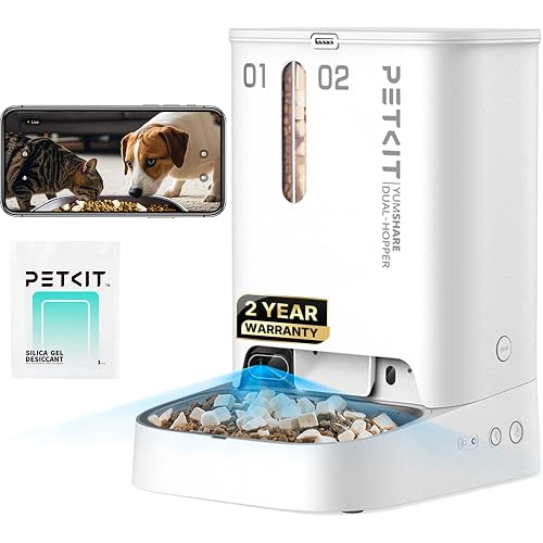 PETKIT Automatic Cat Dog Feeder with Camera, AI-Powered Motion Capturing, 1080P HD Video with Night Vision, 2.4G WiFi Pet Feeder with 2-Way Audio, Dual Hopper Pet Food Dispenser with Desiccant