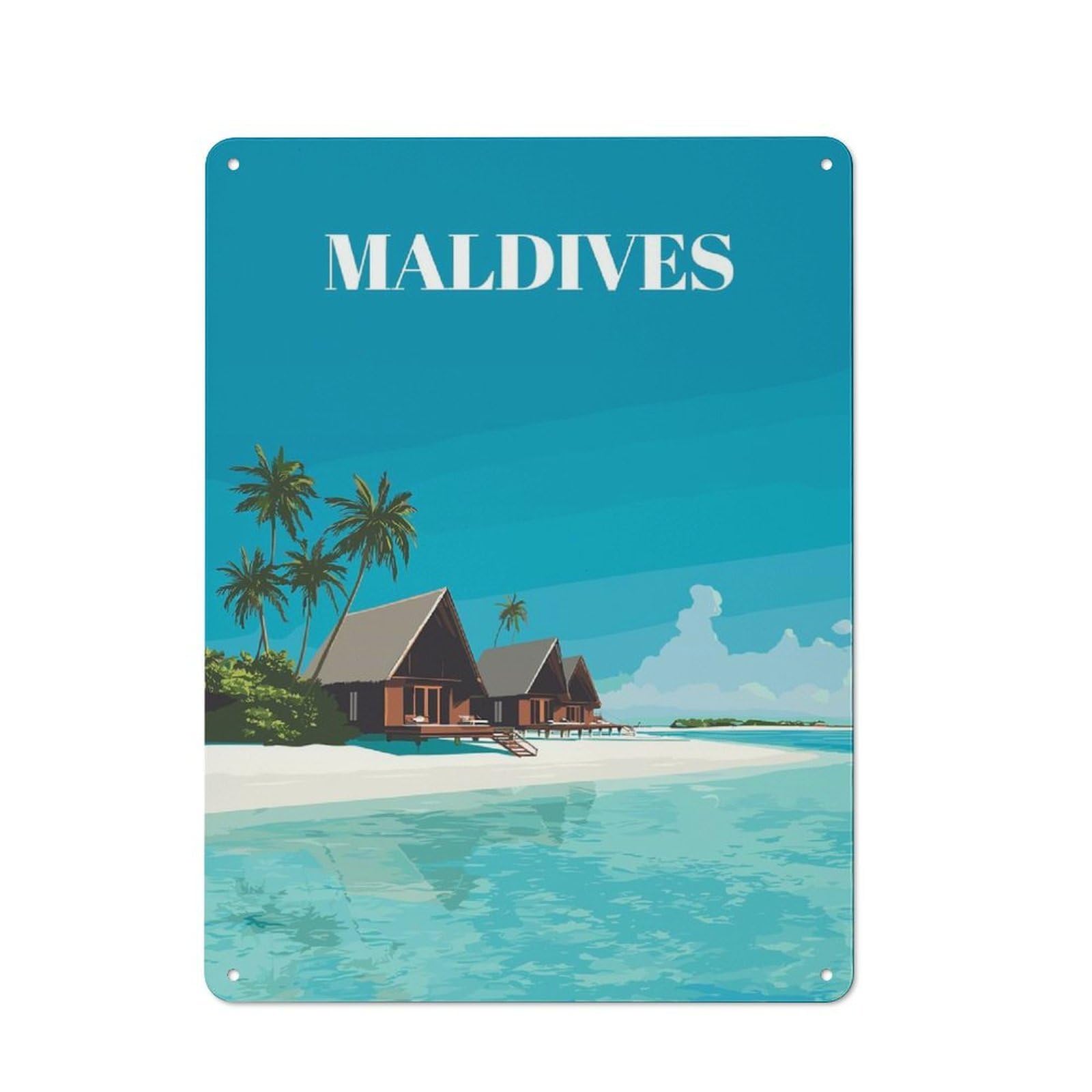 Junmoney Style-20 For Kitchen Or Home Bar, Maldives Tropical Beach Resort Illustration Rustic Metal Wall Sign 40X30cm, For Winter Room Styling In Kitchen And Home Bar