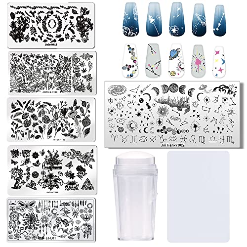 Bellelfin Nail Stamper Kit 6Pcs Nail Stamping Plate Flower Leaf Butterfly Star Image Template With Nail Art Stamp And Scraper For Salon Home Diy Manicure #TOP24