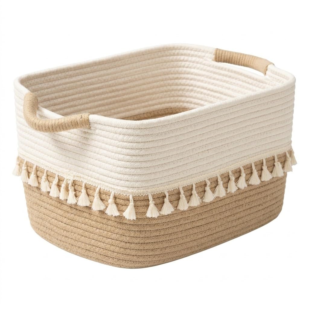 TeoKJ Storage Baskets 38x25x22cm – Woven Storage Basket with Tassels, Toy Basket with Handle, Rope Organizer for Living Room, Bathroom Baskets, Decorative Woven Rope Organizer White&Jute
