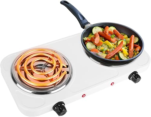 Quemador de encimera, quemador eléctrico doble de 2000 vatios, placa de cocina con 5 controles de temperatura, pies de goma antideslizantes, estufa