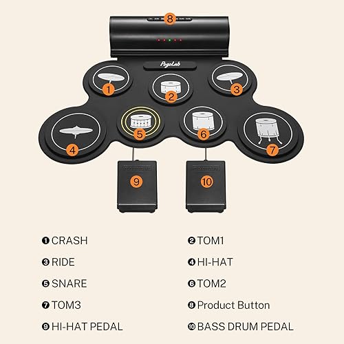 Miniatura 6 de Juego de batería electrónica, 7 almohadillas enrollables, almohadilla eléctrica con función inalámbrica, kit de batería midi recargable portátil con