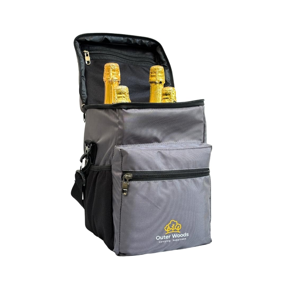 Outer Woods Insulated 4 Bottle Cooler Bag | 6+ Hours Cooling | Beverage Cooler Bag | 4 Units of Ice Gel Packs Included (Grey)-image-13