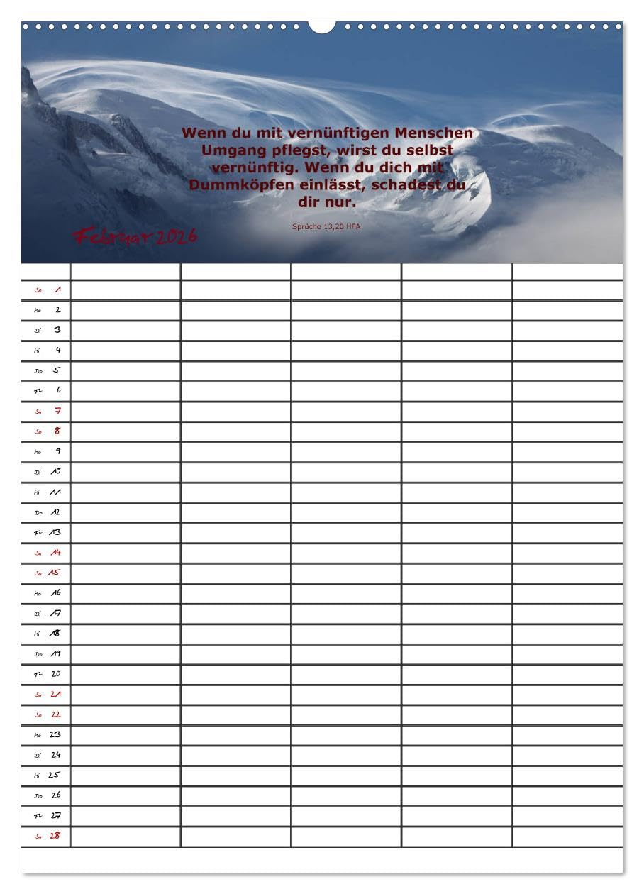 ein Planer mit biblischer Weisheit aus den Sprüchen Salomos (Wandkalender 2026 DIN A2 hoch), CALVENDO Monatskalender: Planer für Kirche, Familie und Firma mit Bibelsprüchen (CALVENDO Glaube)