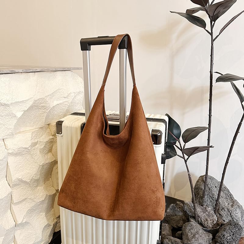 Faux Suede All-Match Shoulder Bag Trendy Tote Commute Handbag with Purse (Brown)3