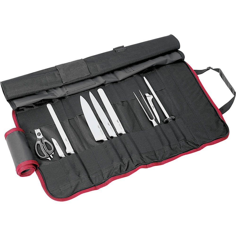 Paderno World Cuisine 9-teiliges Besteck Rolle Tasche mit je 1 Kochmesser, Tranchiermesser, Schinken Messer, Ausbeinmesser, Schälmesser, Brot Messer, Chef 's Gabel, Wetzstahl und Küchenschere