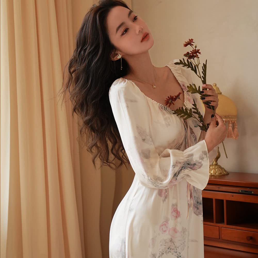 Nachthemd Damen,Damen Nachthemden Beige Satin V-Ausschnitt Krawatte Hohle Spitze Blumendruck Sexy Schlafhemd Weiche Bequeme Lange Ärmel Nachthemd Loungewear Für Damen Mädchen Pyjama Party Weihnac
