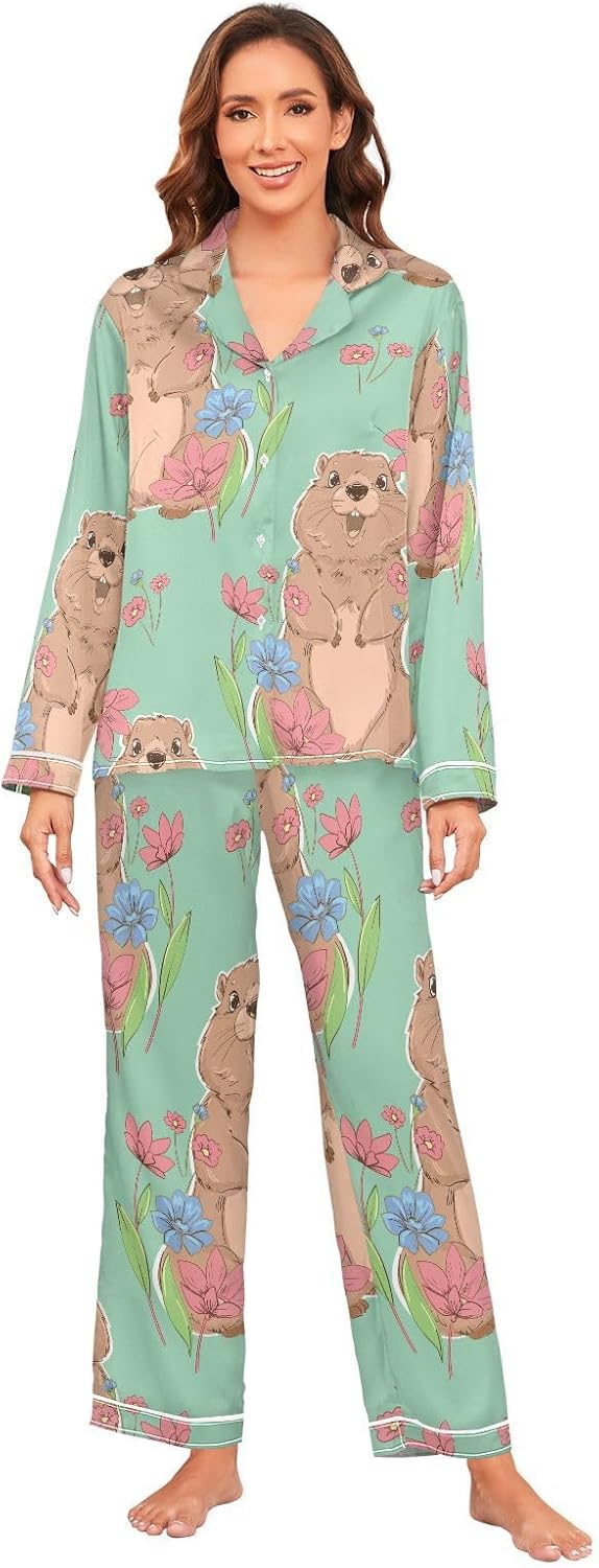 VIGTRO Women Silk Satin Pajamas Set with Pockets Long Sleeve 2Piece