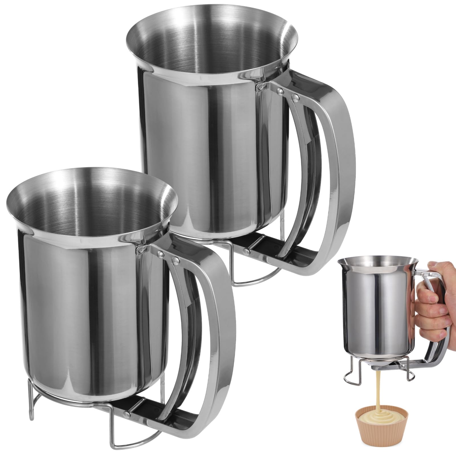 2 dispensadores de masa de acero inoxidable, recipiente dispensador de masa de panqueques de 27 onzas con asa, dispensador manual de mezcla de cupcakes para cocinar, hornear, hacer velas, cocina y uso