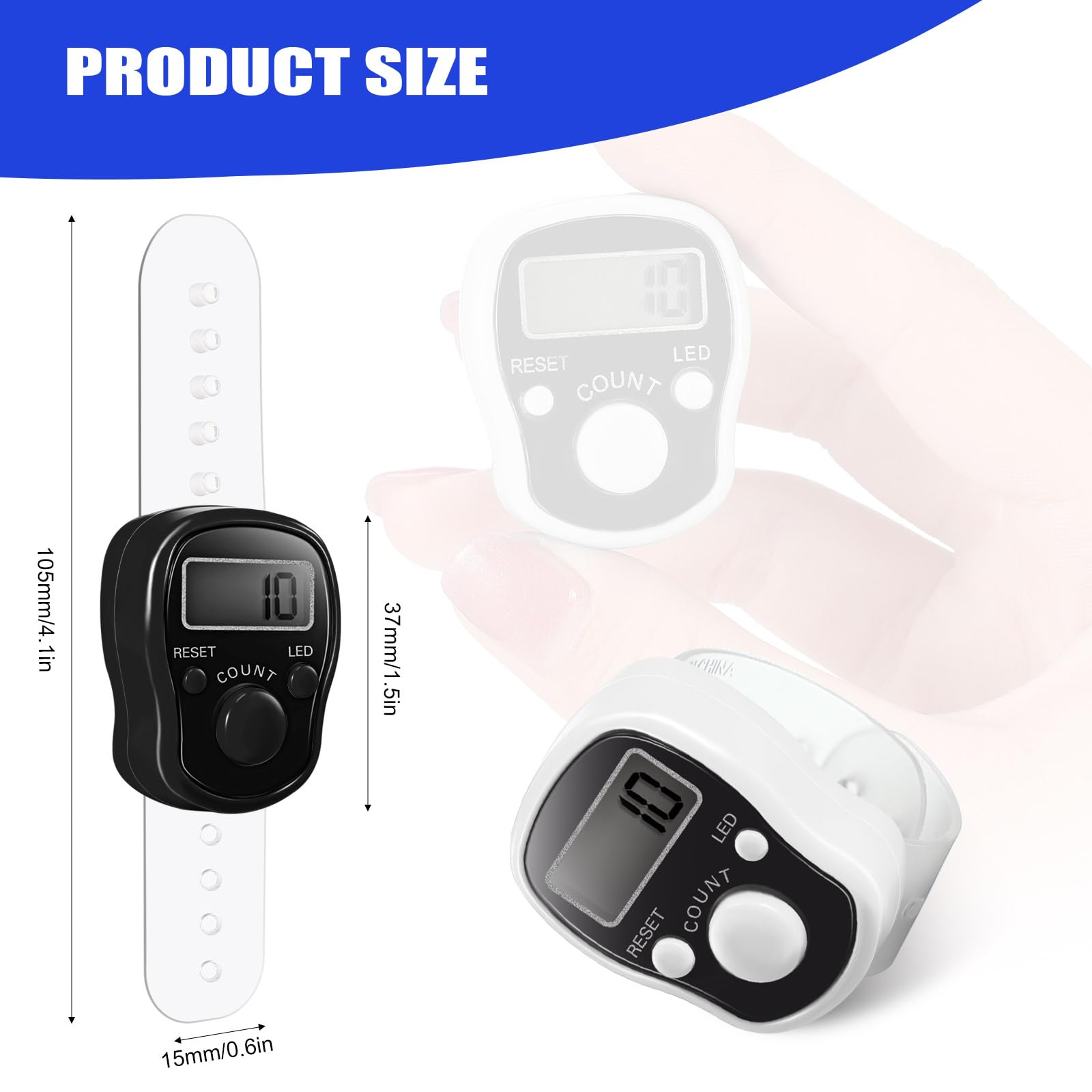 2 Contatori da Dito Elettronici Contatori Digitali a Dito a LED a 5 Cifre Contatori Manuali Ripristinabili Mini Contatore a Mano Conteggio dei Contatori con Anello (Classico, Nero, Bianco)