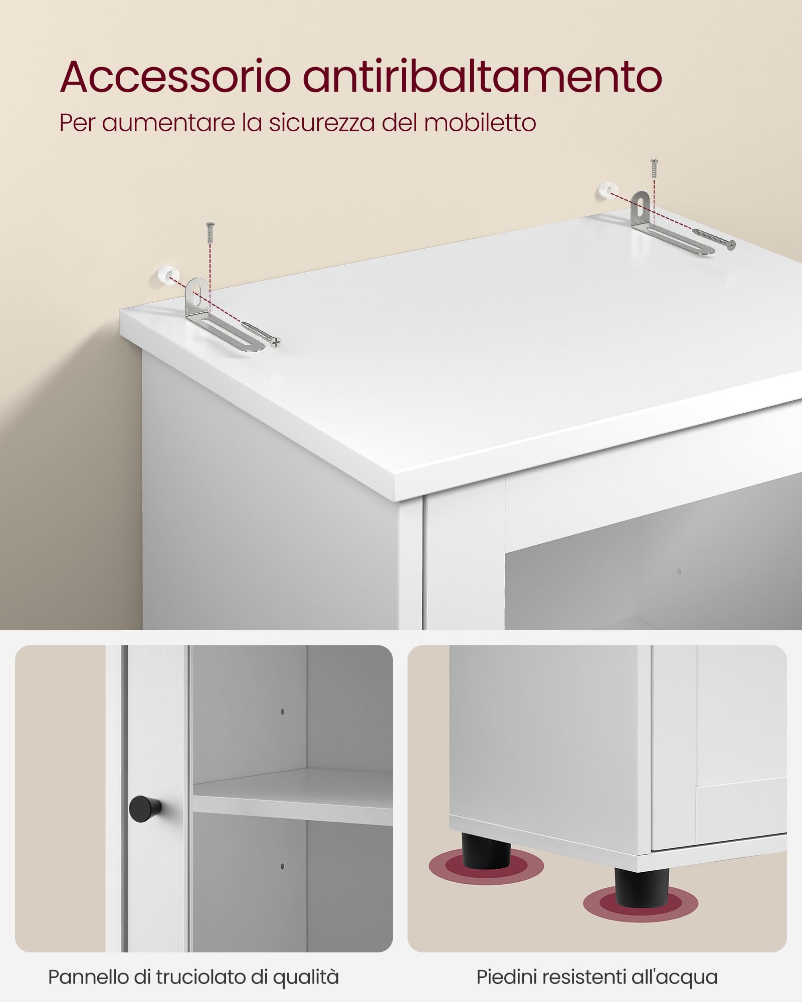 VASAGLE Mobile da Bagno Salvaspazio, Mobile a Colonna, Mobile Alto, Ripiano Aperto, Anta in Vetro, Mobiletto Bagno con Piedini, Ripiani Regolabili in Altezza, Bianco Nuvola BBK163W01