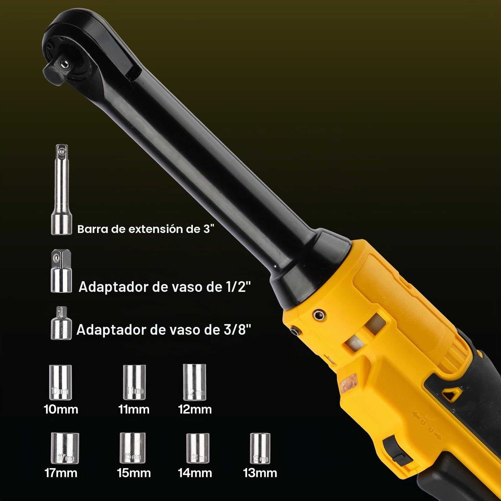 MISTRO Llave Carraca Eléctrica 3/8" Inalámbrica con 2 Baterías 4.0Ah 80Nm Motor Sin Escobillas 400RPM Llave Trinquete de Cuello Largo 6" para Mecánica de Automóvil 7 Vasos y Extensión