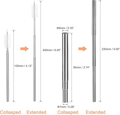 Miniatura 2 de uxcell 4 popotes de metal reutilizables, de 3.7 a 9.1 pulgadas, pajitas telescópicas portátiles de acero inoxidable con estuche plano y cepillo de