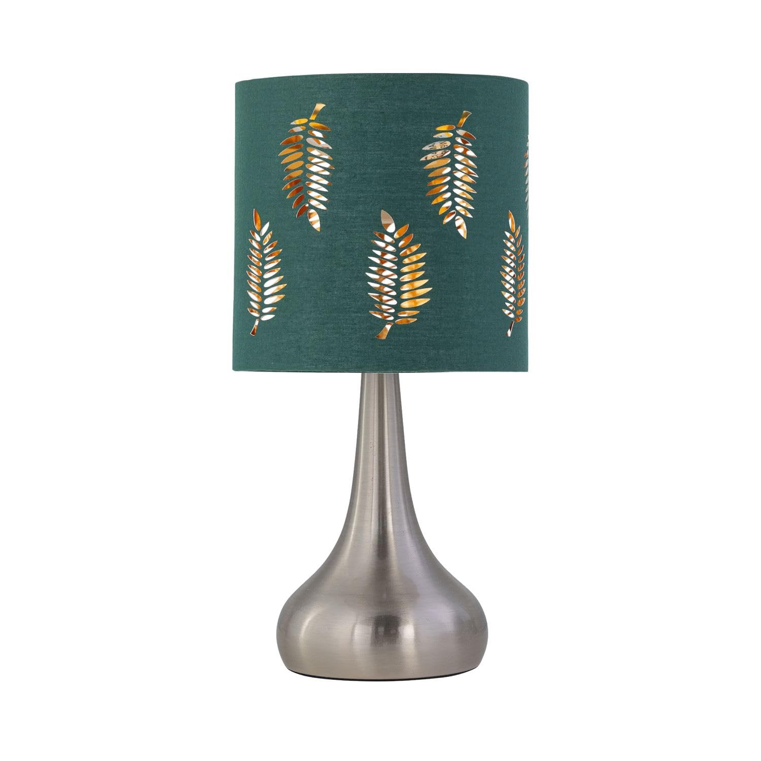 firstchoicelighting Brushed Chrome Touch Operated Table Lamp or Bedside Light, Modern Design, Height 36cm, Dark Green Fern Shade, LED Compatible