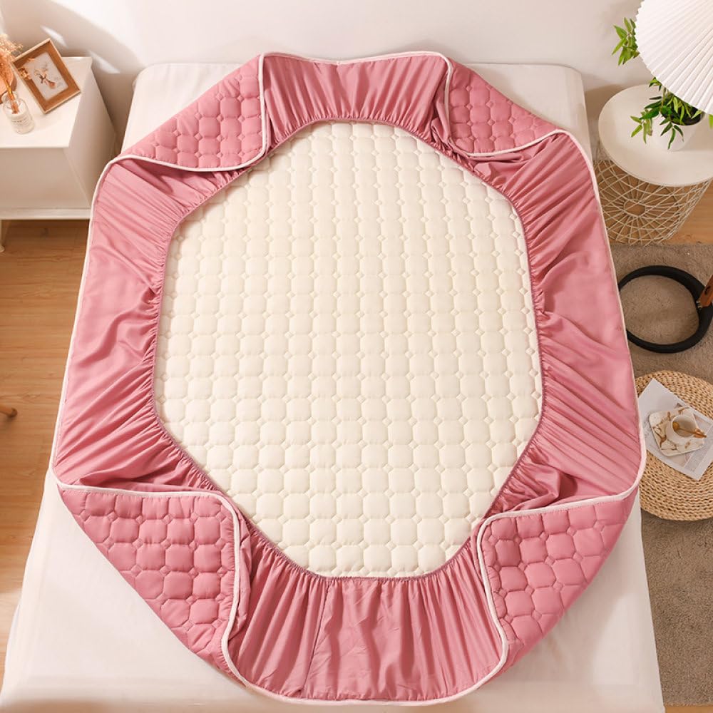 Sábana Doble Acolchada Gruesa Colchón Sábana Ajustable Elástica Suave Y Transpirable con Funda De Bolsillo Profundo Lino,Rosado,150x200x30cm