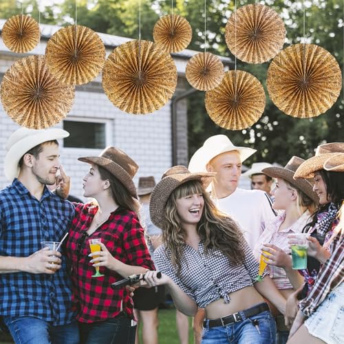 Image of Outus 9 Pcs Western Cowboy Party Decorations Paper Fans Wagon Wheels Straw Hay Bales Hanging Ceiling Wall Decor for Country Western Themed Rodeo Farm Birthday Party Supplies (Straw)