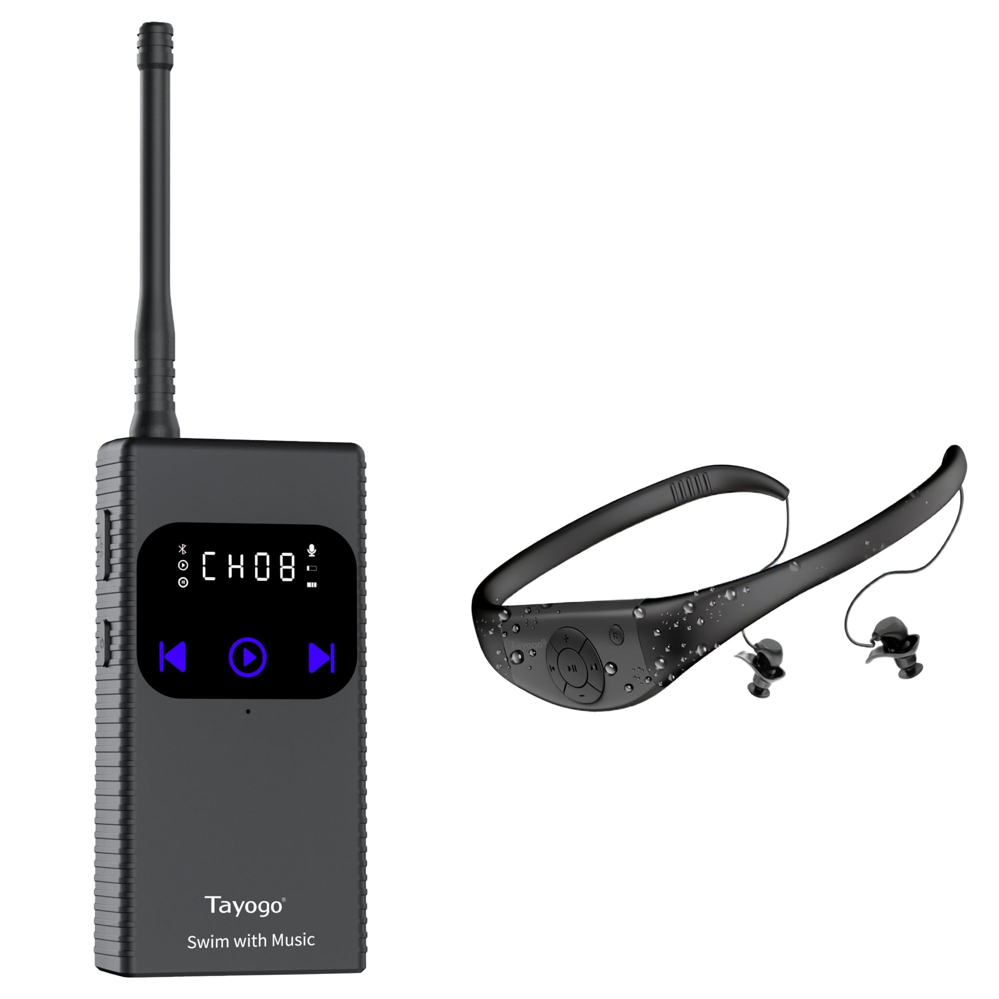 Swimming Headphones for Spotify, Audible, Swimming Coach Communicator,Tayogo Stream Music Combo,Wireless Transmitter,Waterproof in-Ear Headphones Receiver
