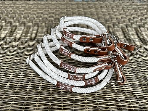 Hundewürgehalsband, Anti Zug, Martingale Halsband, Baumwolle und Leder. Weiß & Cognac. M.