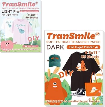 Friendly TranSmile Bundle Printable Heat Transfer Paper for Dark Fabric 50 Sheets, 8.5 x 11& Iron on Transfers for Light Fabric 50 Sheets, 8.5 x 11