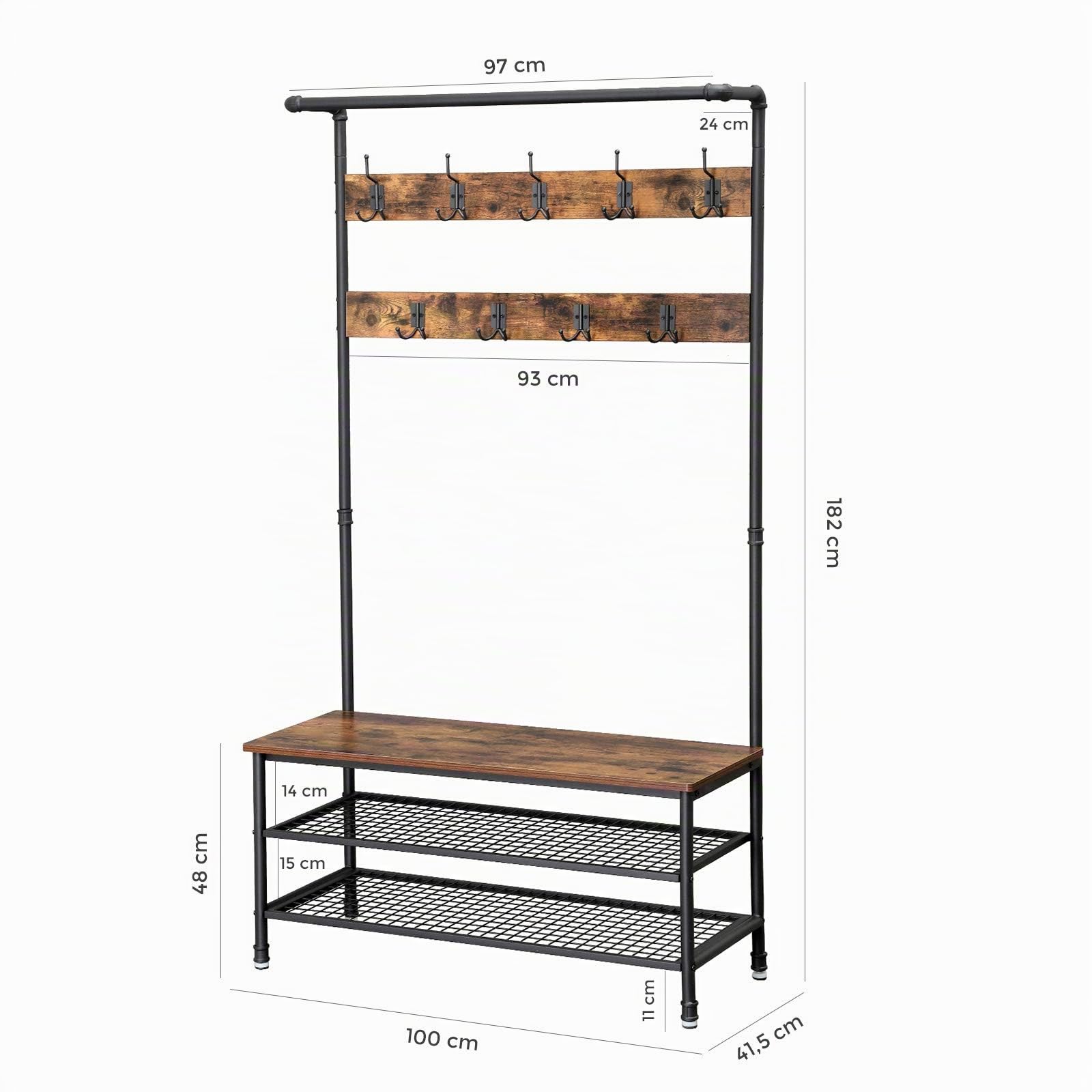 VASAGLE Perchero, Mueble Recibidor Grande con Banco, 9 Ganchos, Zapatero, Perchero, 41,5 x 100 x 182 cm, para Pasillo Salón Dormitorio, Marrón Rústico y Negro HSR47BX