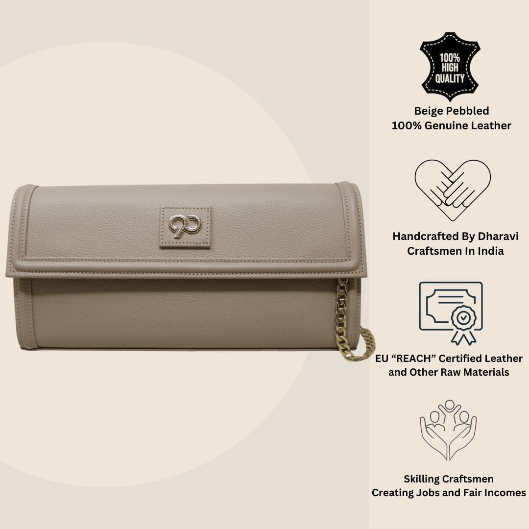 Beige Kaya Clutch Bag for Women in Premium Genuine Leather | Elegant Evening Bag with Gold Chain Strap | Handcrafted by Dharavi Market