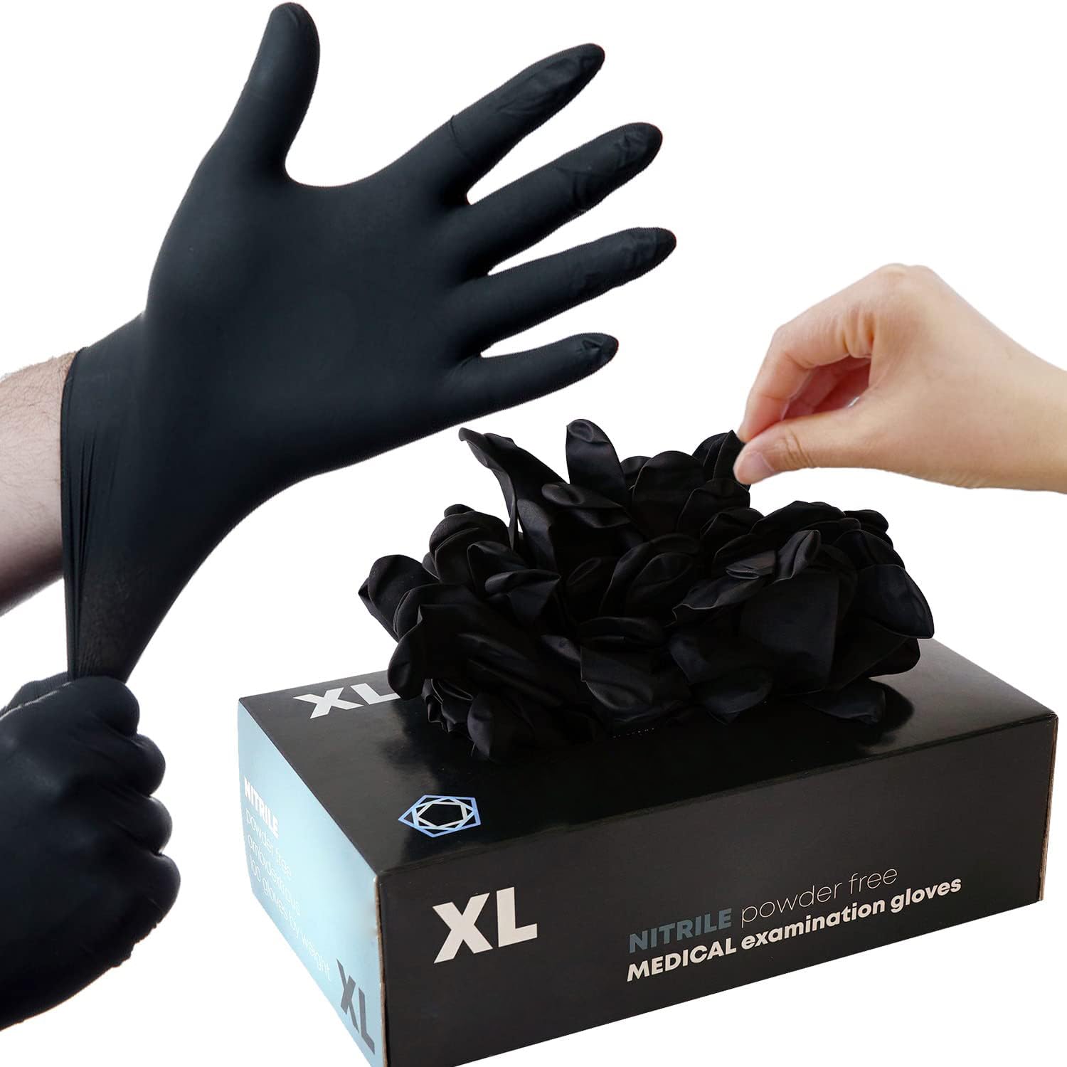 PROMART Black Disposable Nitrile Gloves, Multipurpose, Medical Exam Gloves, Chemical Resistant, Powder-Free, Latex-Free, Puncture-Resistant, Food Safe, Cleaning, Tattoo, Box of 100 Gloves (1000, XL)