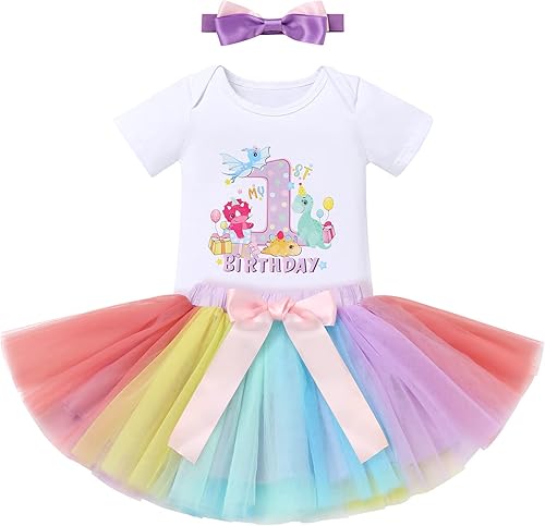 Miniatura 8 de IBTOM CASTLE Trajes de fiesta temática de dinosaurio para niñas de primer cumpleaños de princesa, conjunto de falda tutú + diadema sesión de fotos