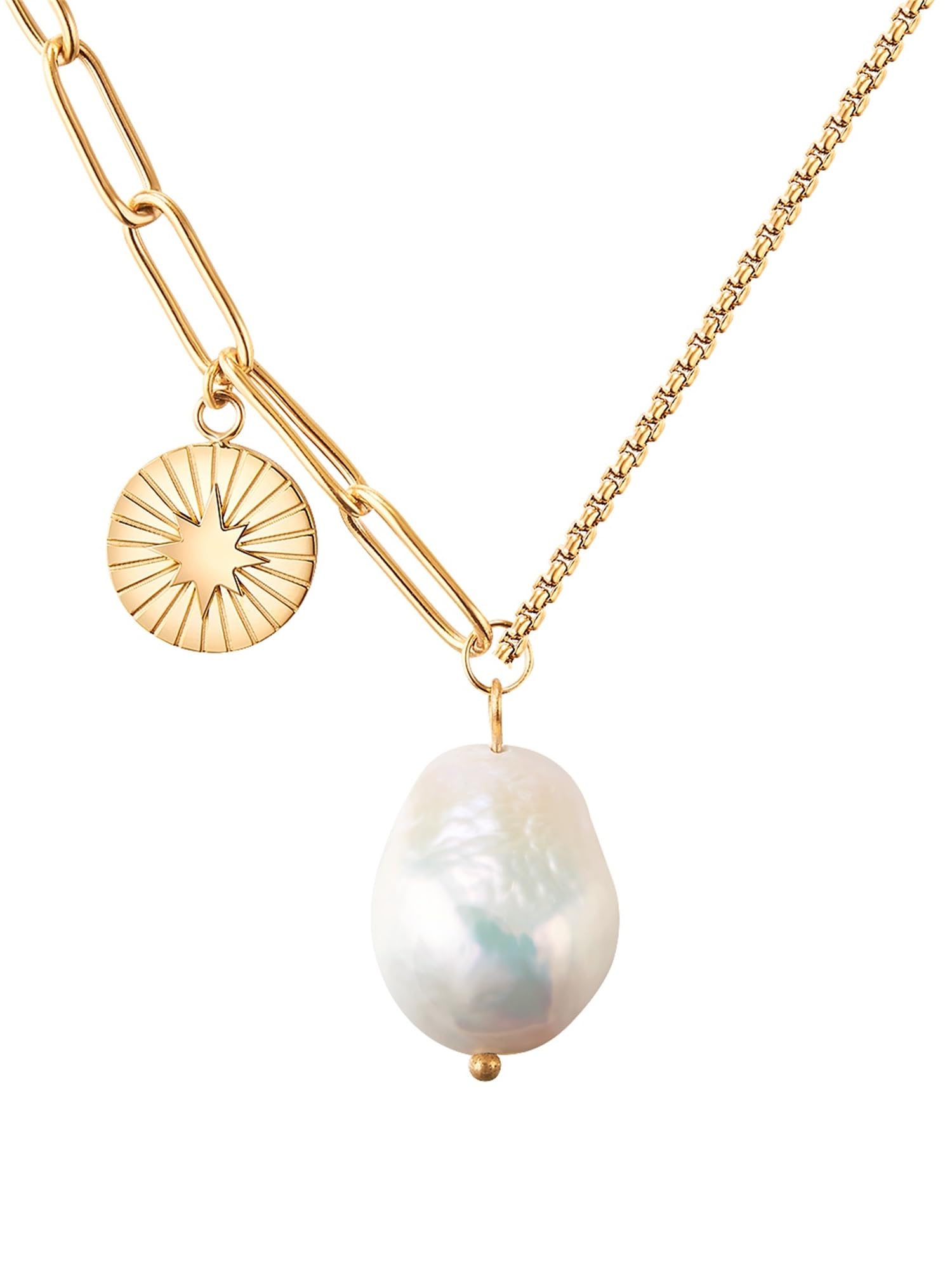 Valero Pearls Damen Kette aus Edelstahl gelbvergoldet mit Barock Süßwasser-Zuchtperle 10 mm weiß - Edelstahlhalskette Gelbgold mit Perle und Stern