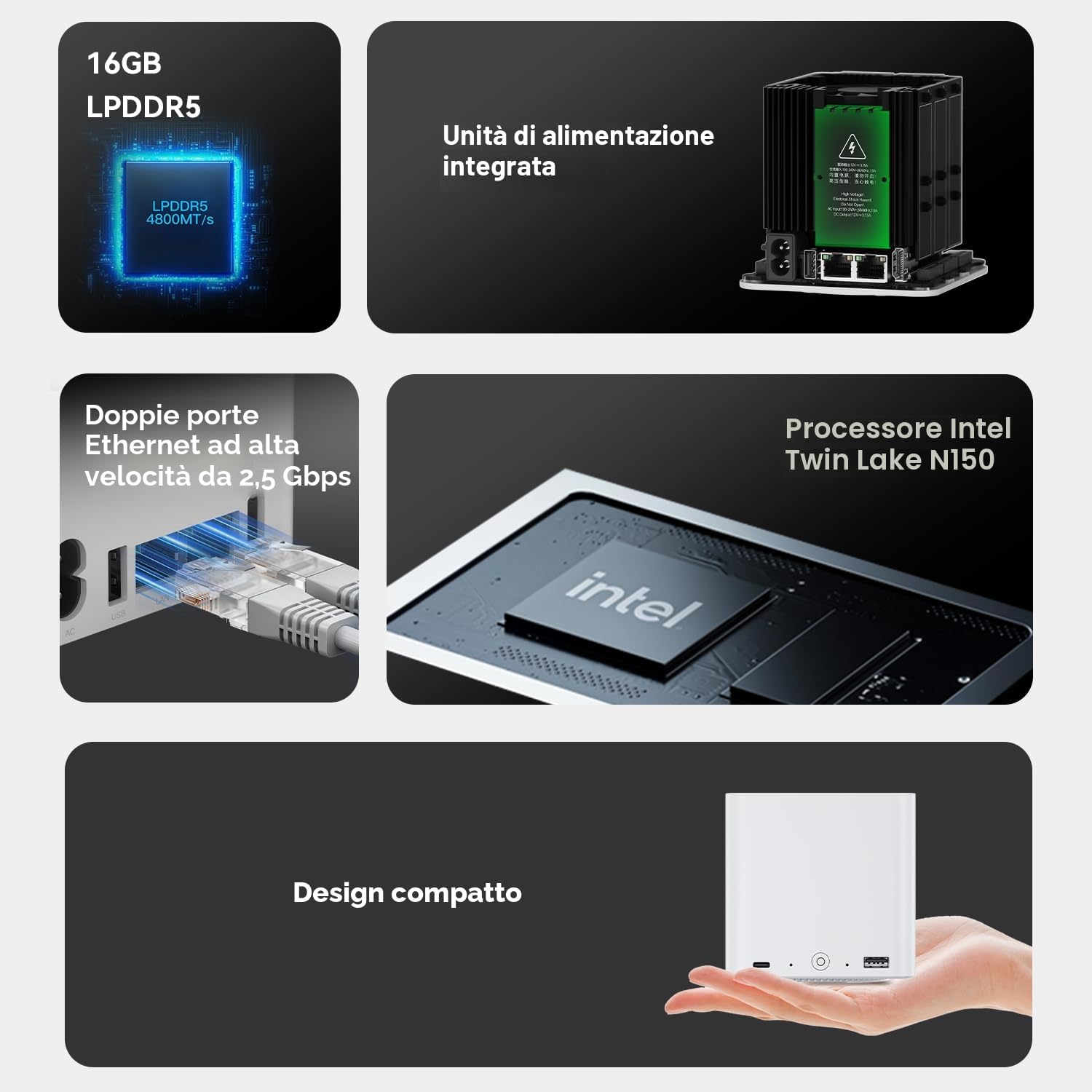 Beelink ME Mini PC, Intel N150 fino a 3,6 GHz, 16 GB LPDDR5, SSD M.2 da 1 TB, 6 Slot M.2 NVMe, Dual LAN 2,5 G, HDMI, WiFi 6, BT 5.2, USB-C/Compact NAS/Office