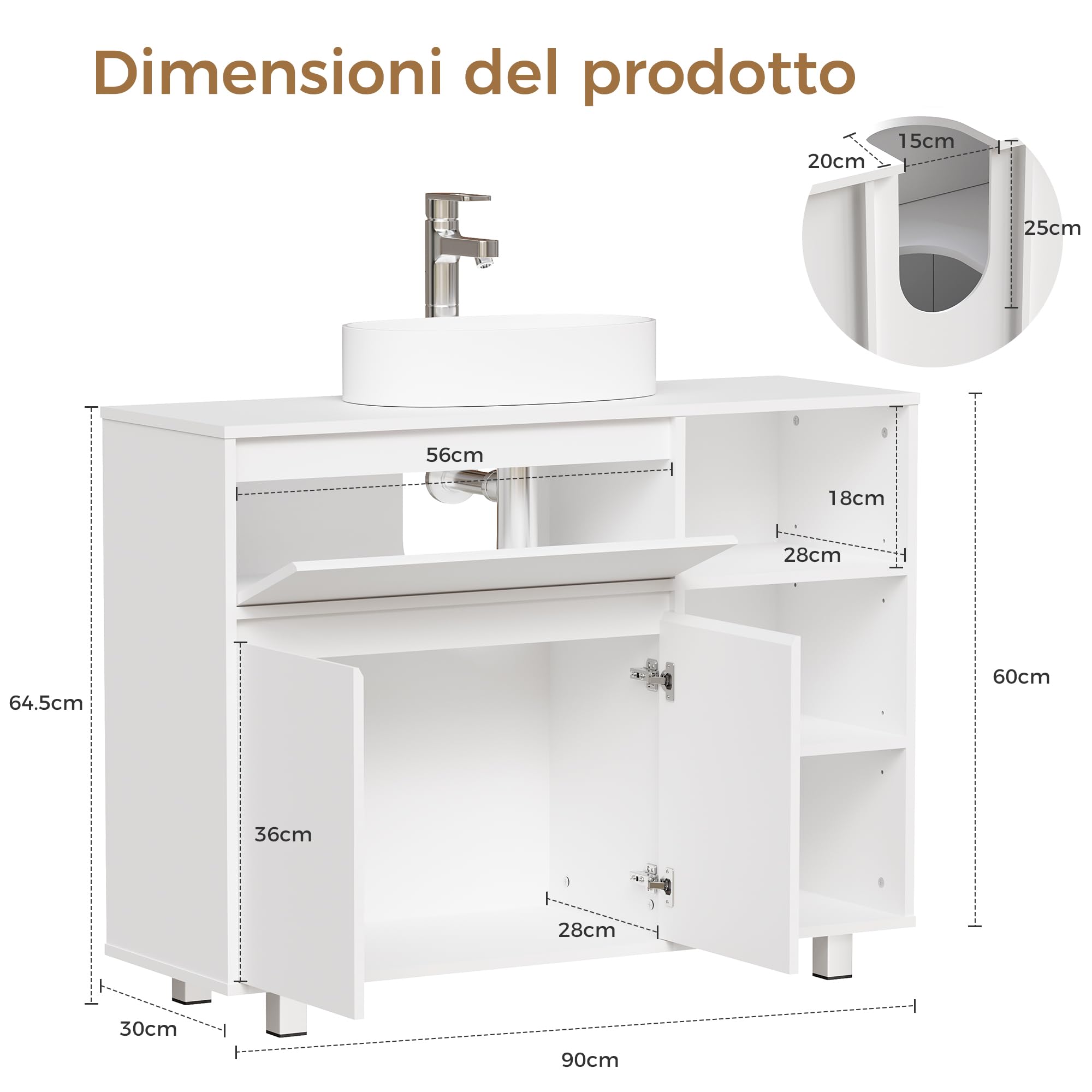 BEWISHOME Mobile Sottolavabo per Bagno,Mobile da Bagno, 1 vano Portaoggetti Nascosto, 2 Ante, 3 Ripiani Regolabili Aperti, con Gambe, 90 x 64.5 x 30 cm, Bianco EYSG02W