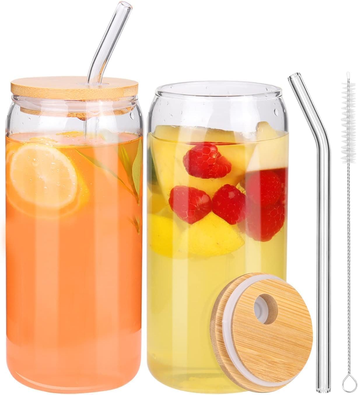 2 Drinking Glasses with Bamboo Lids and Glass Straws, 16oz Can Shaped Glass Cups, Glass Tumbler for Iced Coffee, Soda, Smoothies, and More (Pack of 2)