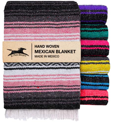 El Paso Designs Mexican Yoga Blanket – Colorful Falsa Serape Throw for Yoga, Beach, Picnic, Saddle, or Home Décor – Soft Woven Boho Blanket (Pink and Gray)