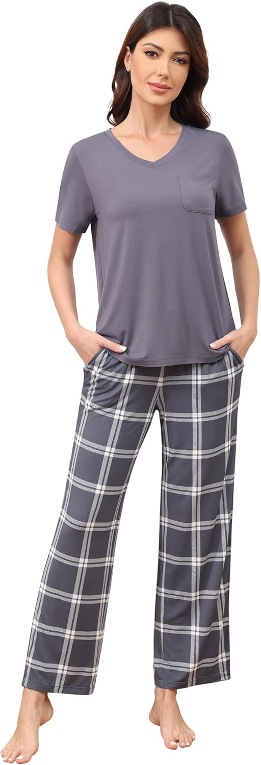 Women's Bamboo Viscose Pajama Set Soft Short Sleeve V-Neck Top and Pants Sleepwear with Pockets Loungewear S-XXL