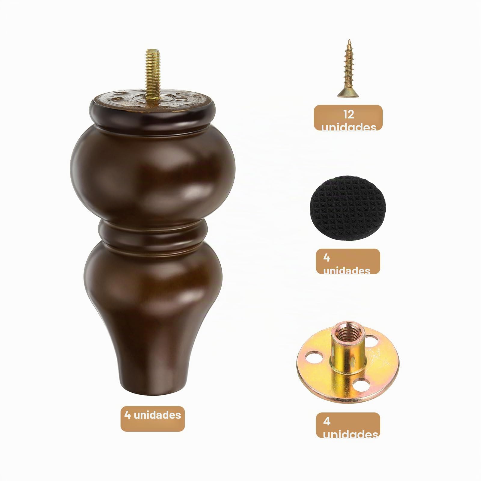 QUARKZMAN Juego de 4 Patas de Madera para Muebles Marrón Oscuro | de 6 Pulgadas, Patas de Madera de Repuesto para Sofá, con Tornillos de Montaje, para Armarios Sofás Cómodas