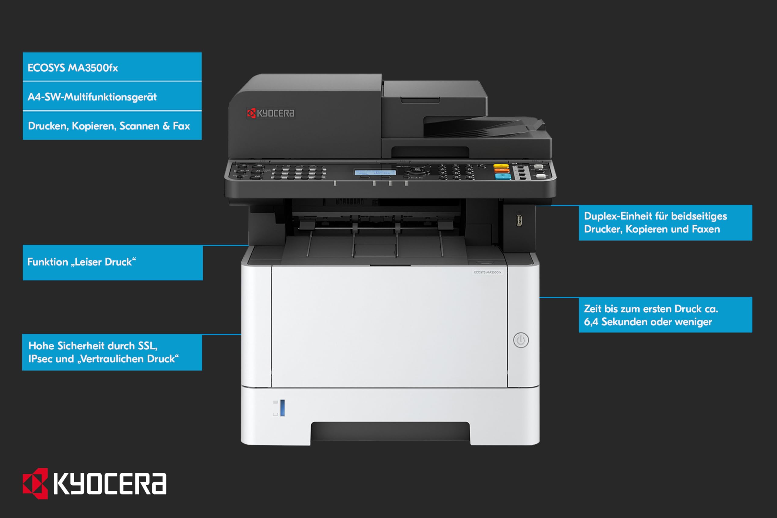Kyocera Ecosys MA3500fx Multifunktionsdrucker Schwarz Weiss | Drucker Scanner Kopierer, Fax. 35 Seiten pro Minute. Laserdrucker Multifunktionsgerät mit Mobile-Print