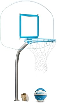 Dunn-Rite Regulation Clear Hoop In Ground Pool Basketball Hoop, Stainless Steel Post, Clear Thick Acrylic Backboard and Stainless Steel Rim and Basketball with Brass Mounting Anchor, Made in USA