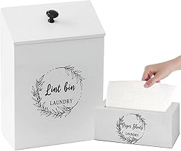Magnetic Lint Bin and Dryer Sheet Holder Set for Laundry Room, Farmhouse Wooden Lint Trash Can with Lid and Dryer Sheet Dispenser Box for Mounting on Dryer,Stylish Laundry Room Storage Organization(White Magnetic Lint Bin)
