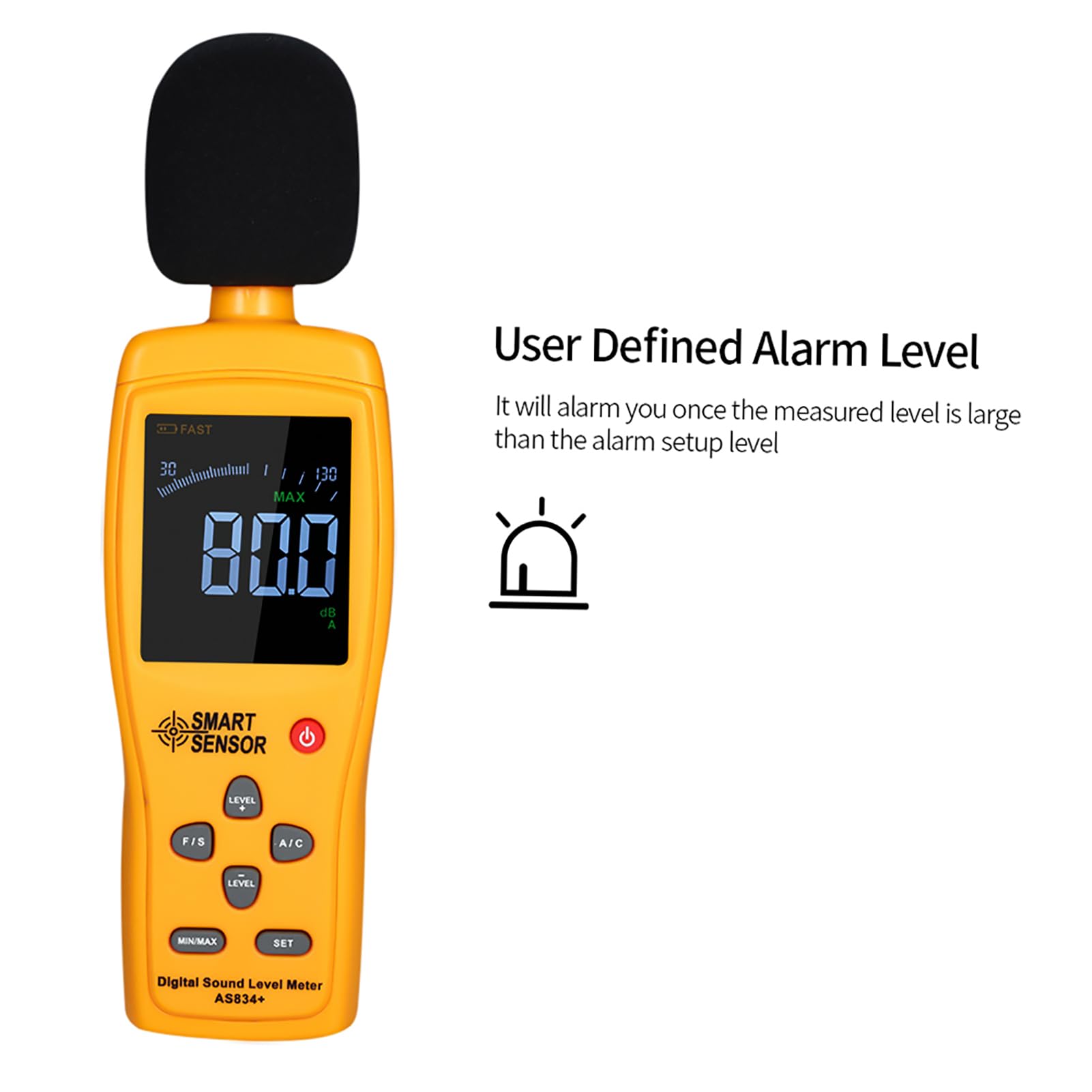 Sonómetro digital e instrumento de medición del volumen de ruido - Rango de 30 a 130 dB - Resolución de 0,1 dB con precisión de 1,5 dB - Ponderación A y C - Pantalla LCD de 2,7