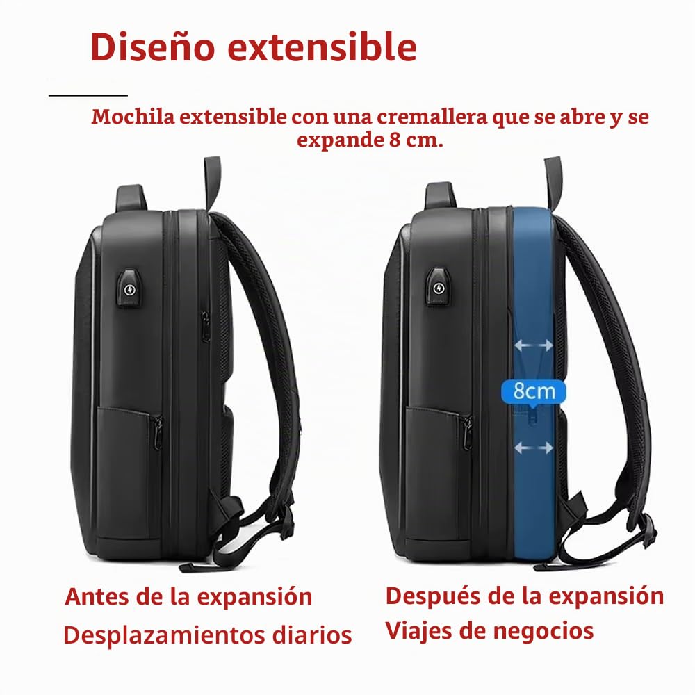 XINYASEE - Mochila para ordenador portátil, mochila de viaje impermeable, mochila de negocios de EVA, mochila de escuela antirrobo unisex con puerto de carga USB, Negro , Moyen