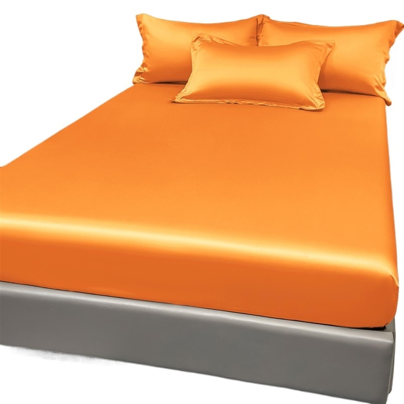 Fitted Sheet 1Pc Satin Solid Color Fitted Sheet, Ice Silk Bedspread For Bedroom, Bedding (Excluding Pillowcases)(Orange,153x203cm)