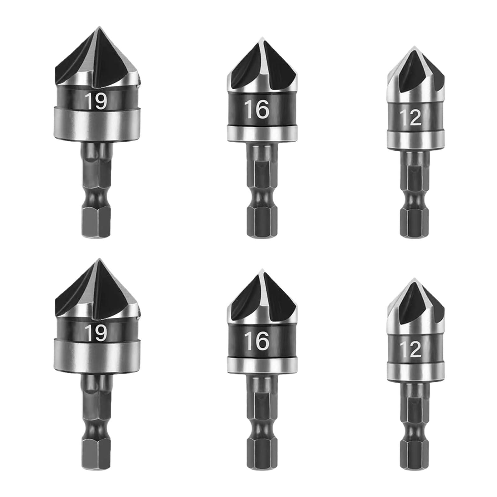6 Pcs Countersink Drill Bit 1/4 Inch Hex Shank 5 Flute 90 Degree Chamfering Countersink Drill Bit Set 12mm 16mm 19mm Counter Sink Drill Bits for Wood Metal Countersink Drill Bit Set