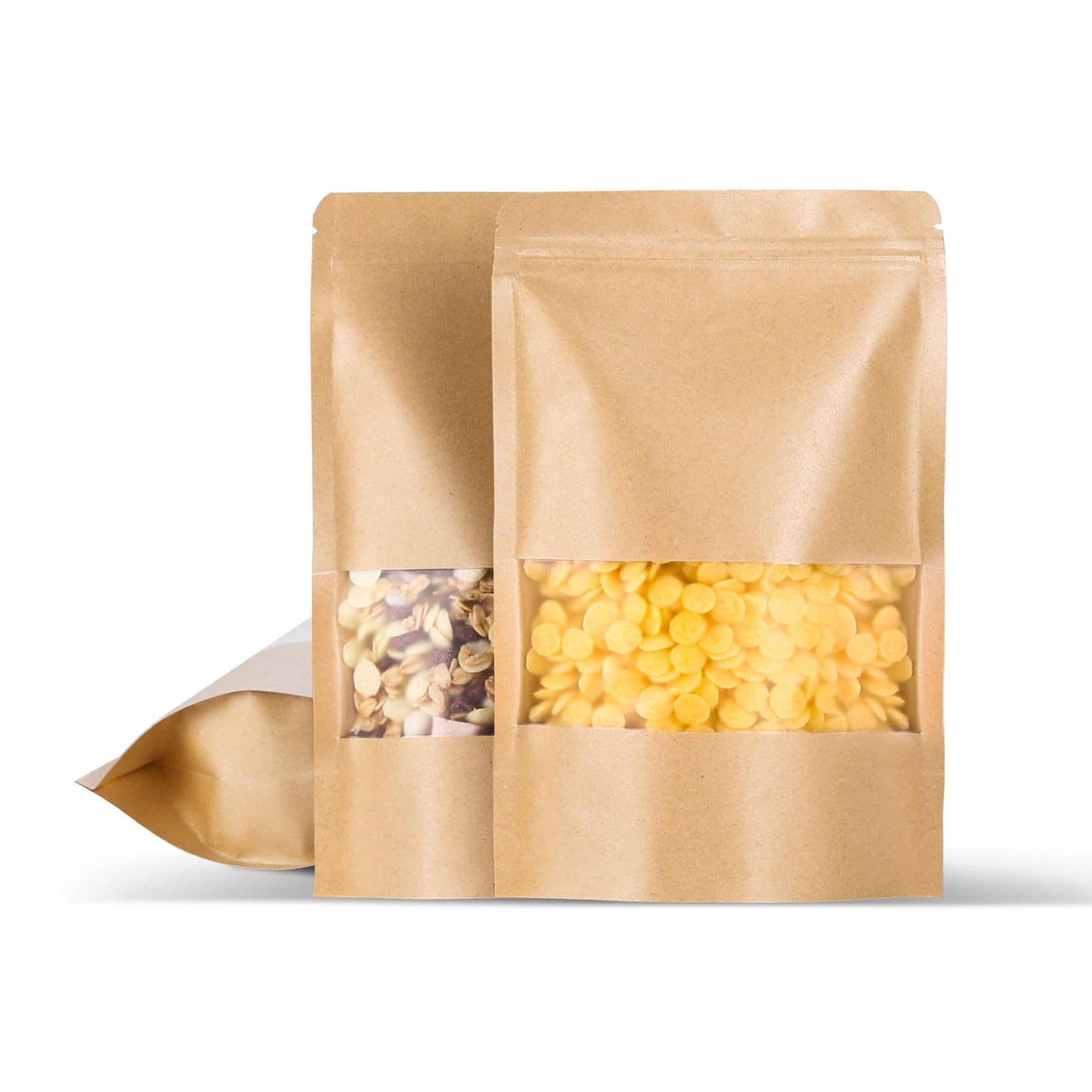 100 Pcs 6x8.6 Inch Kraft Paper Bags with Transparent Window, Stand Up Pouches,Smell Proof Bags,Resealable Bags for Small Business, Zipper Food Storage