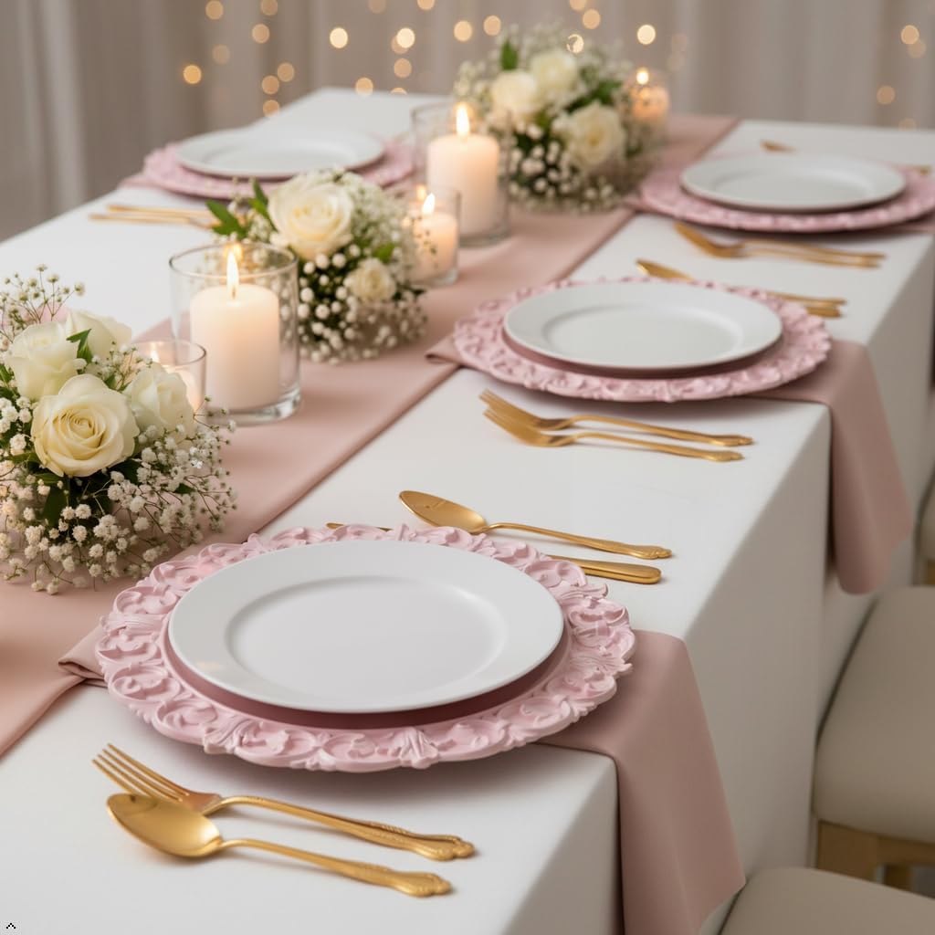 13" Pink Charger Plates, Set of 6 Plastic Textured Chargers for Dinner Plates with Embossed Rim, Table Décor, Party, Wedding, Holiday